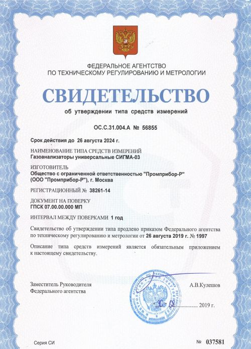 Свидетельство об утверждении типа средств измерений газоанализатора Сигма-03